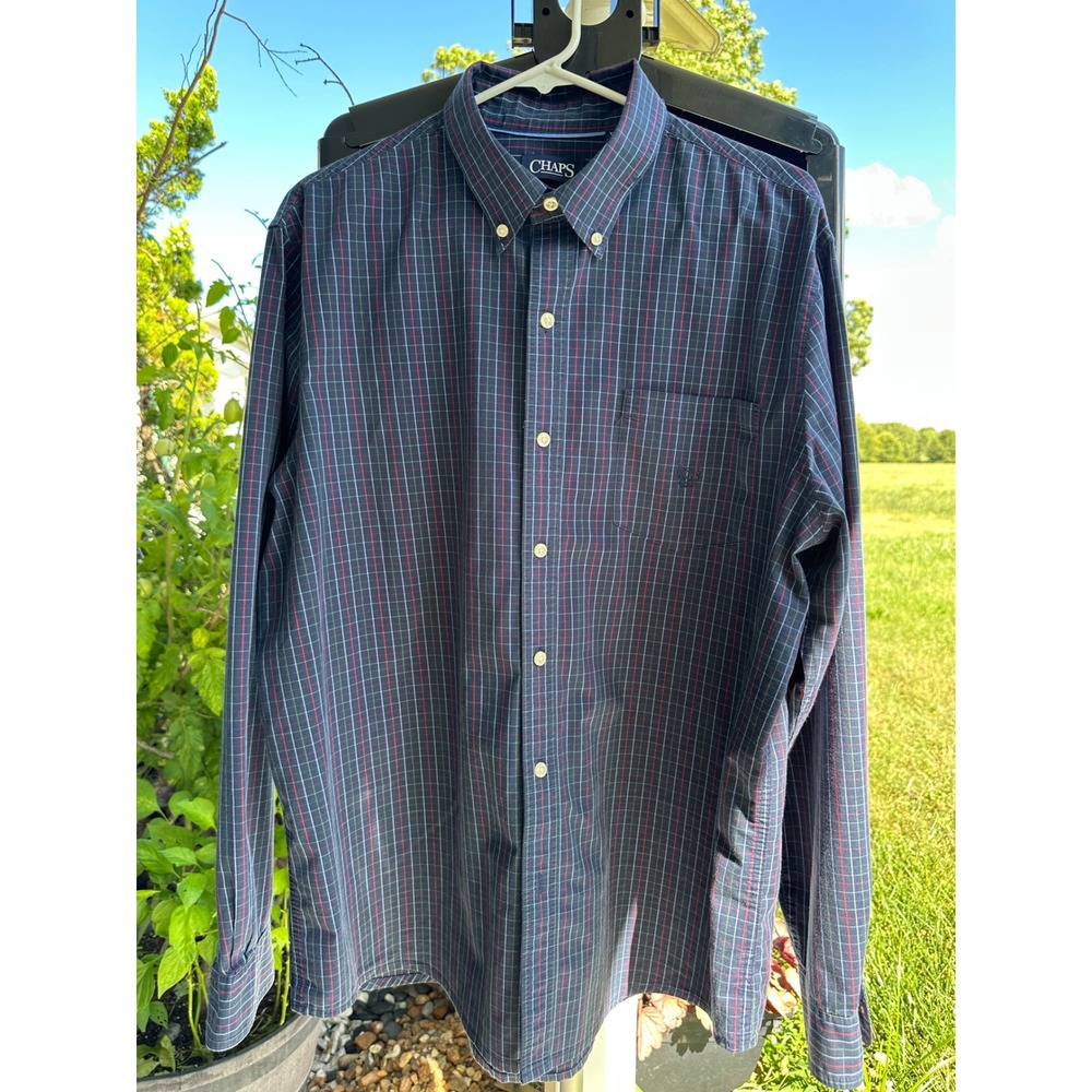 Chaps Mens XL Stretch Easy Care Plaid Button Down Shirt Navy Blue Long Sleeve